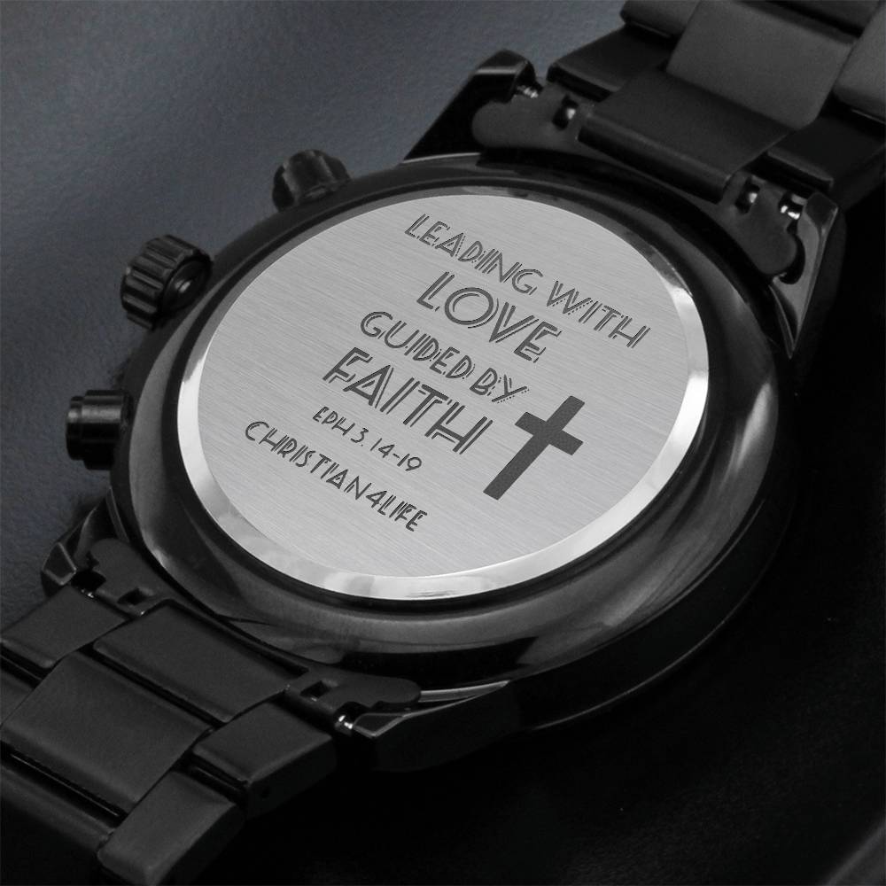 Leading with Love Engraved Design Black Chronograph Watch