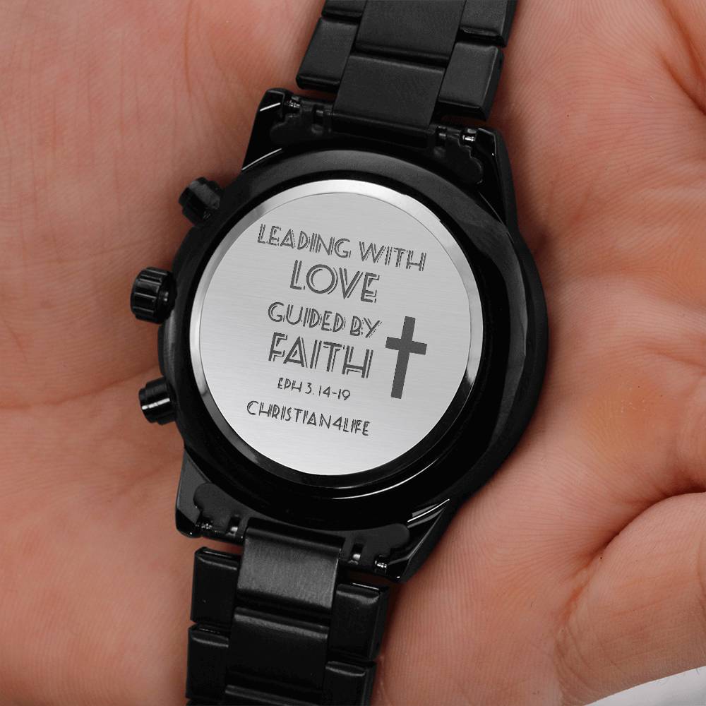 Leading with Love Engraved Design Black Chronograph Watch
