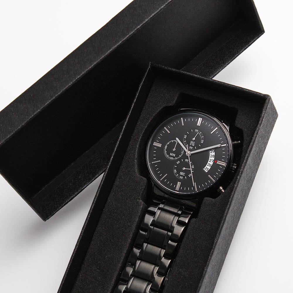 Leading with Love Engraved Design Black Chronograph Watch