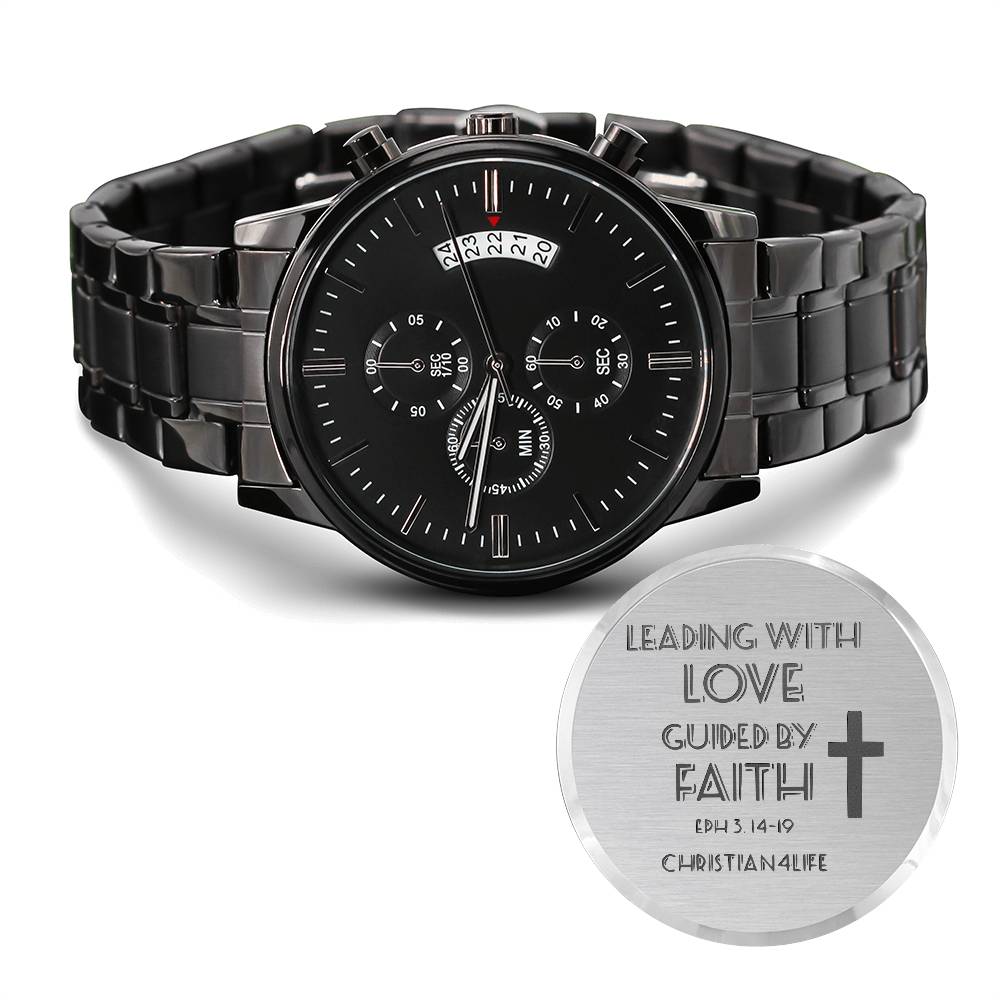 Leading with Love Engraved Design Black Chronograph Watch