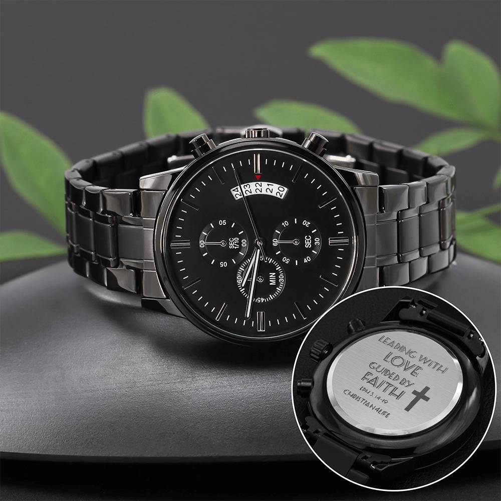 Leading with Love Engraved Design Black Chronograph Watch