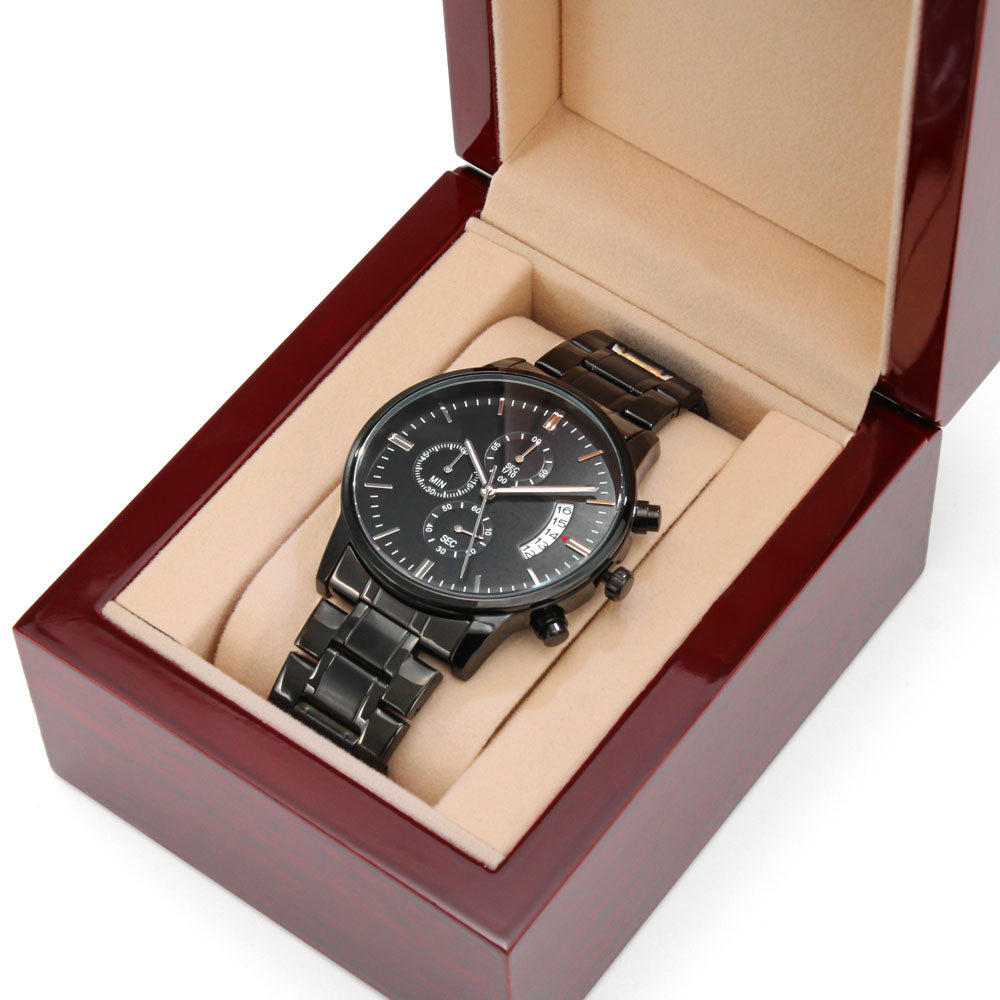 Leading with Love Engraved Design Black Chronograph Watch