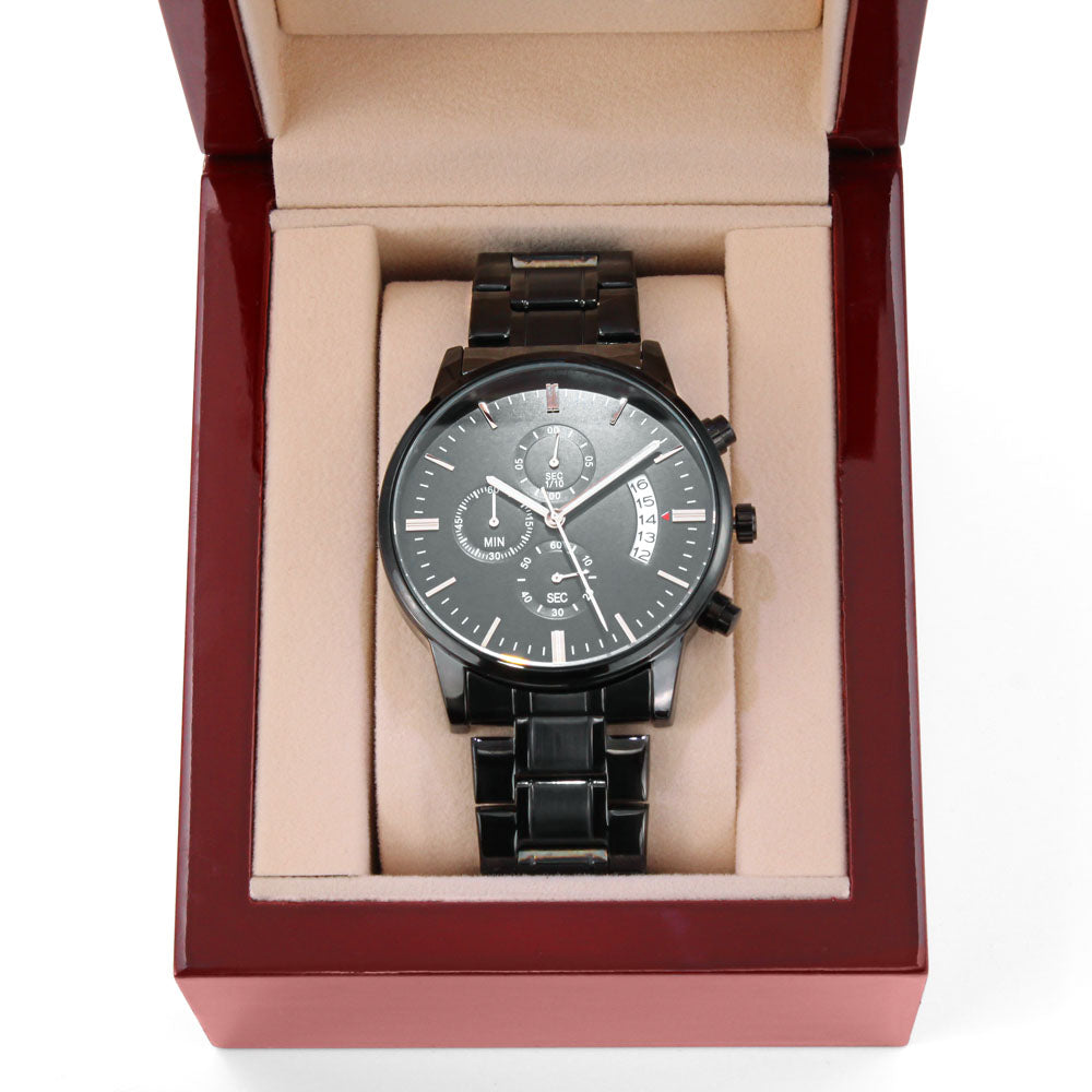 Leading with Love Engraved Design Black Chronograph Watch