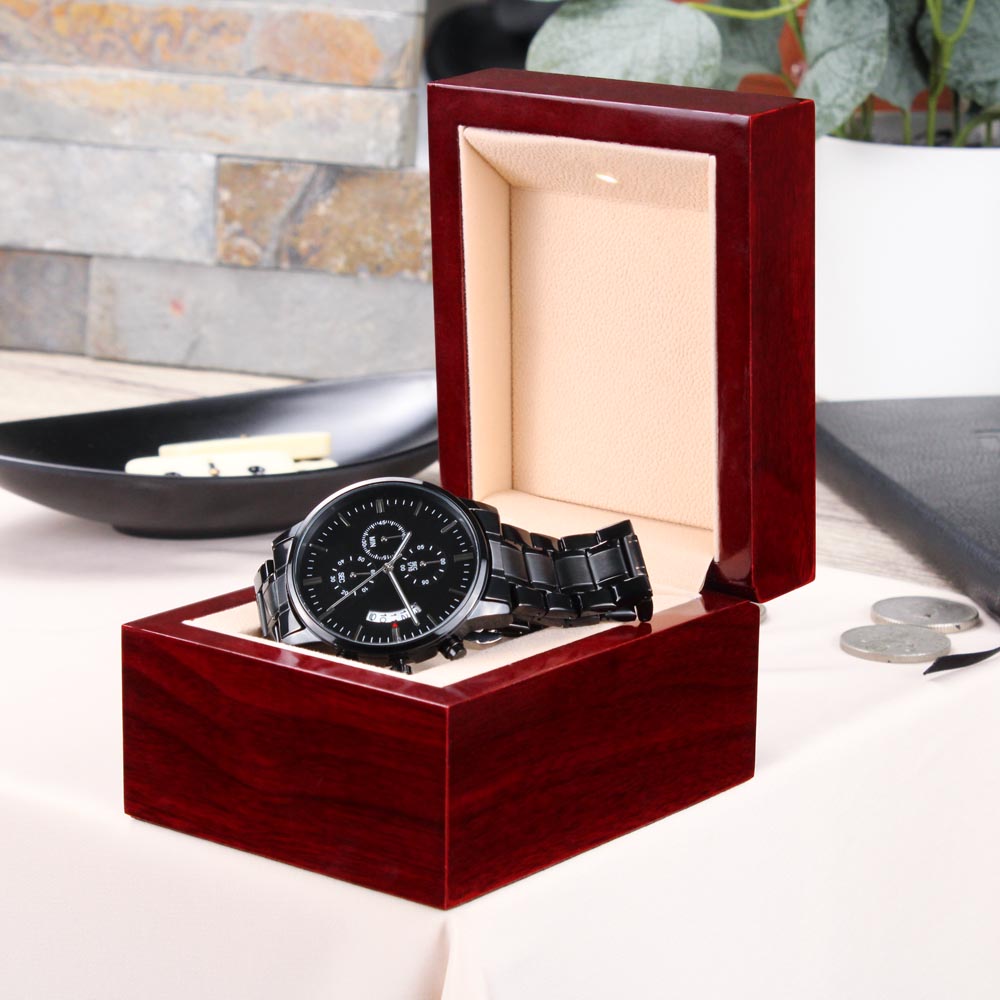 Leading with Love Engraved Design Black Chronograph Watch