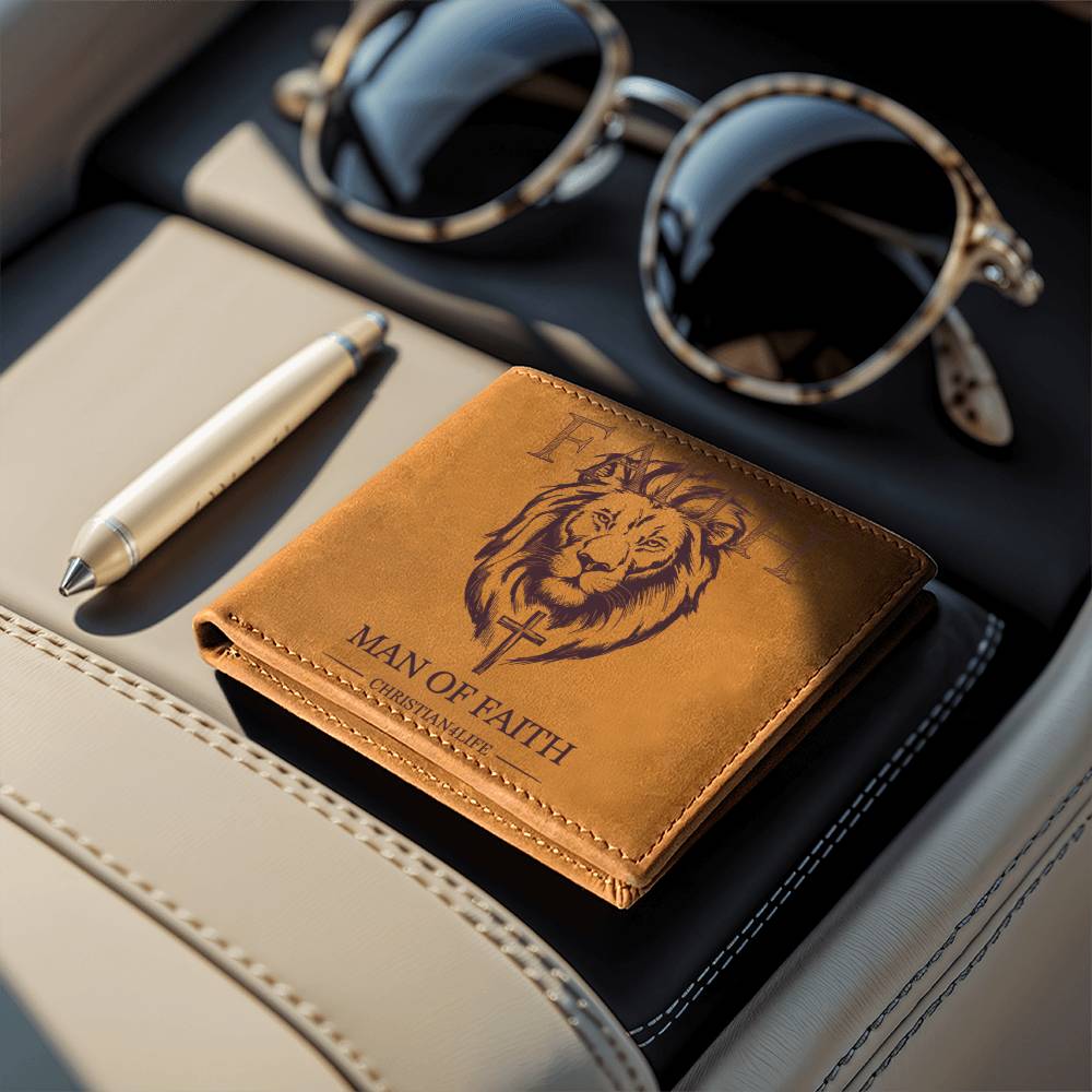 Christian Gift, Graphic Lion and Cross Leather Wallet "Man of Faith" Christian Wallet, Faith gifts