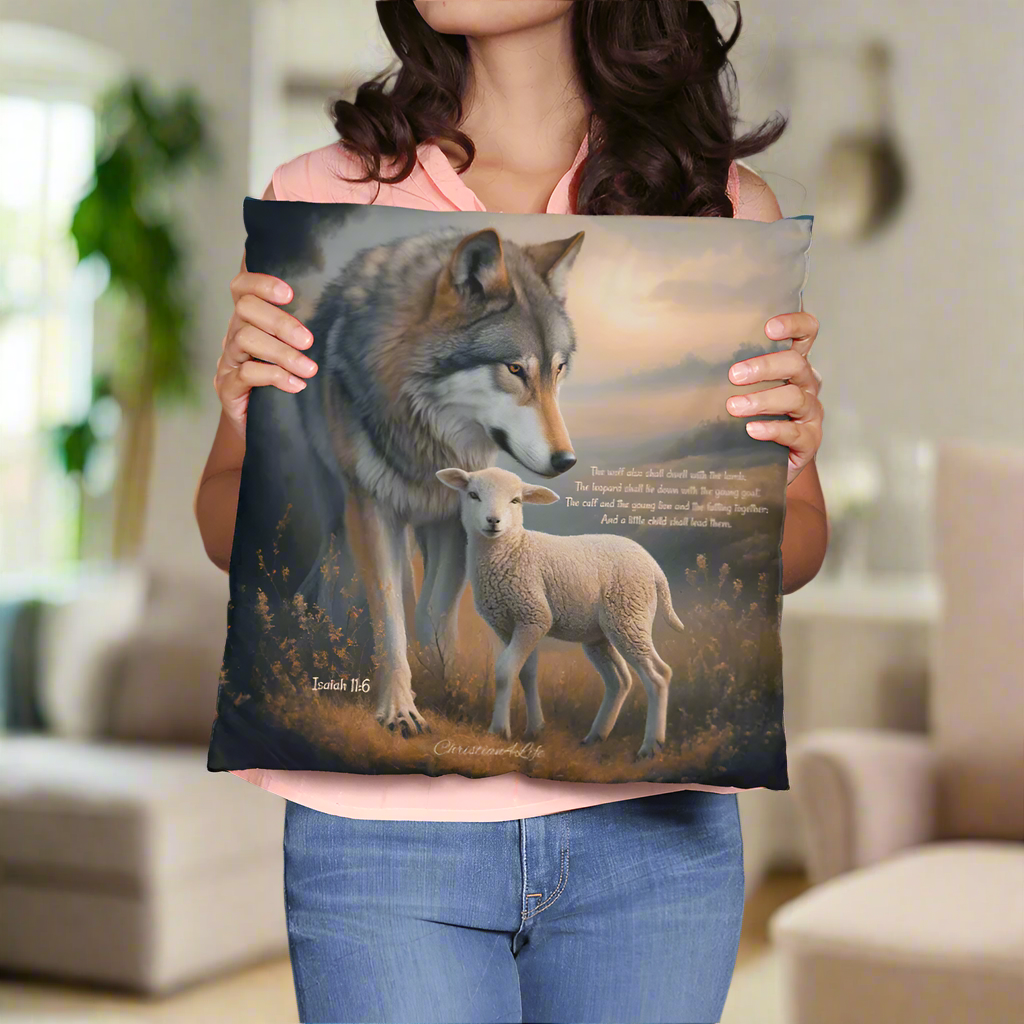 Wolf and Lamb Bible Verse Spun Polyester Square Indoor/Outdoor Pillow