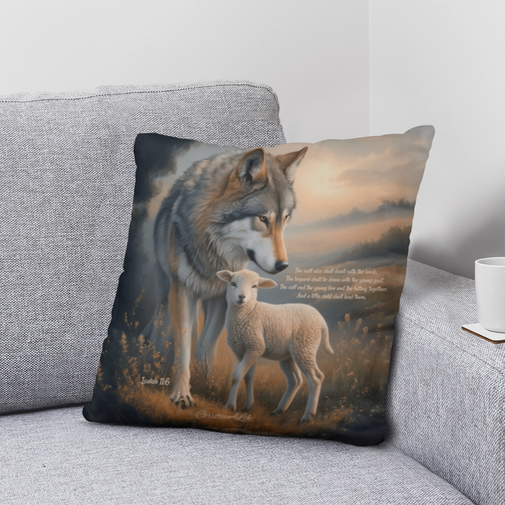 Wolf and Lamb Bible Verse Spun Polyester Square Indoor/Outdoor Pillow
