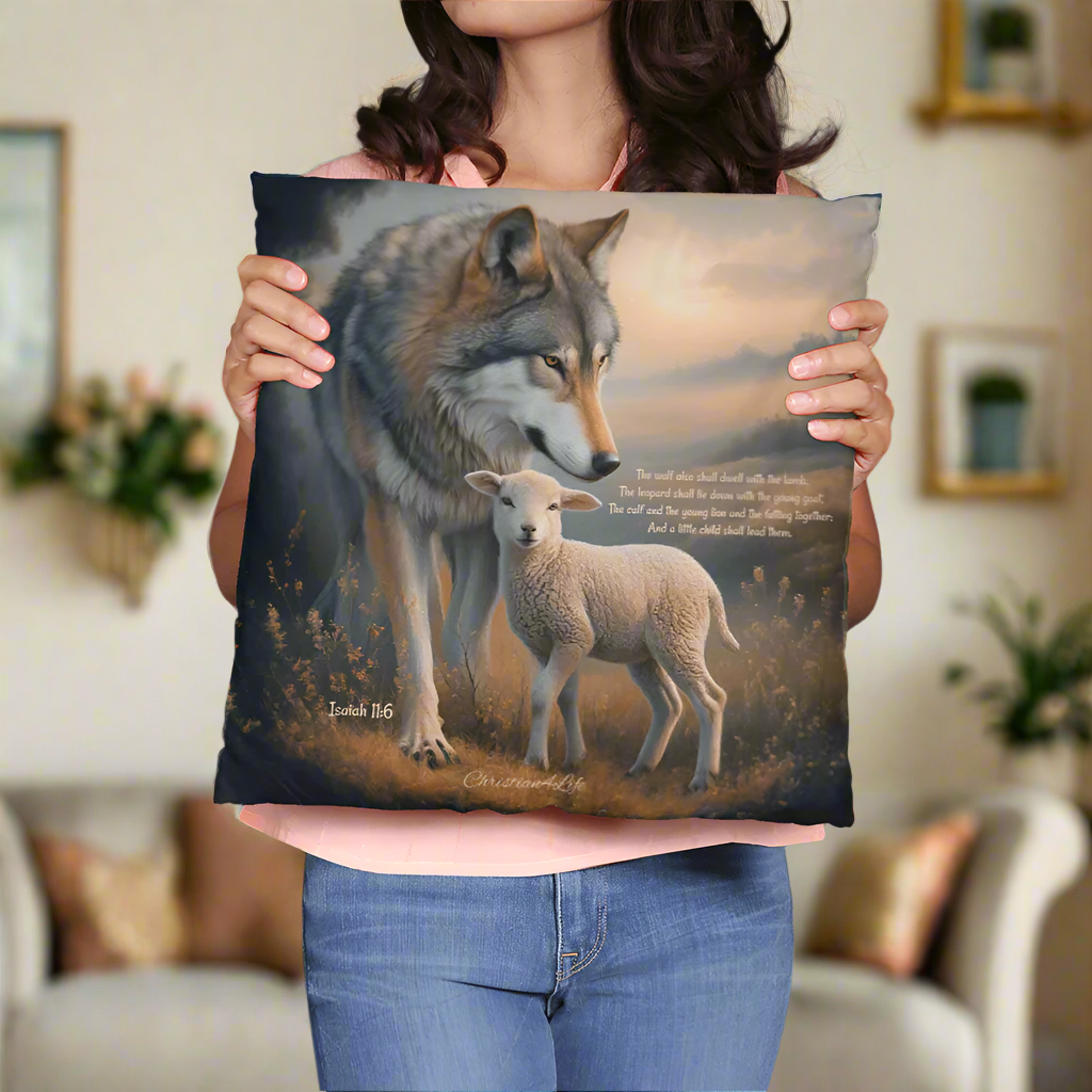 Wolf and Lamb Bible Verse Spun Polyester Square Indoor/Outdoor Pillow