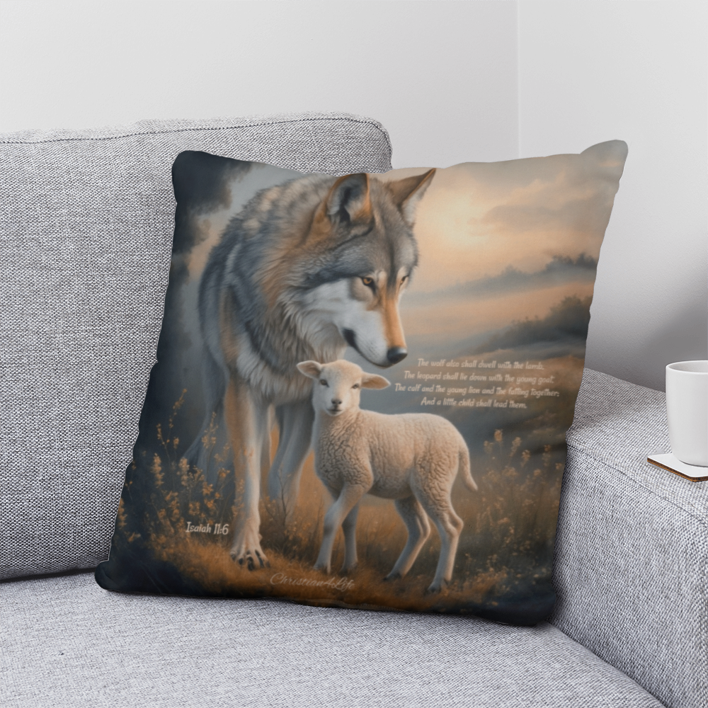 Wolf and Lamb Bible Verse Spun Polyester Square Indoor/Outdoor Pillow