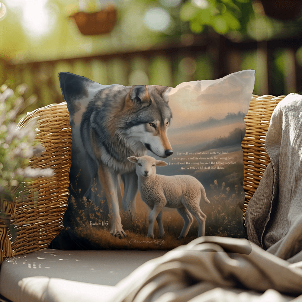 Wolf and Sheep Bible Verse Spun Polyester Square Pillowcase (multiple sizes)