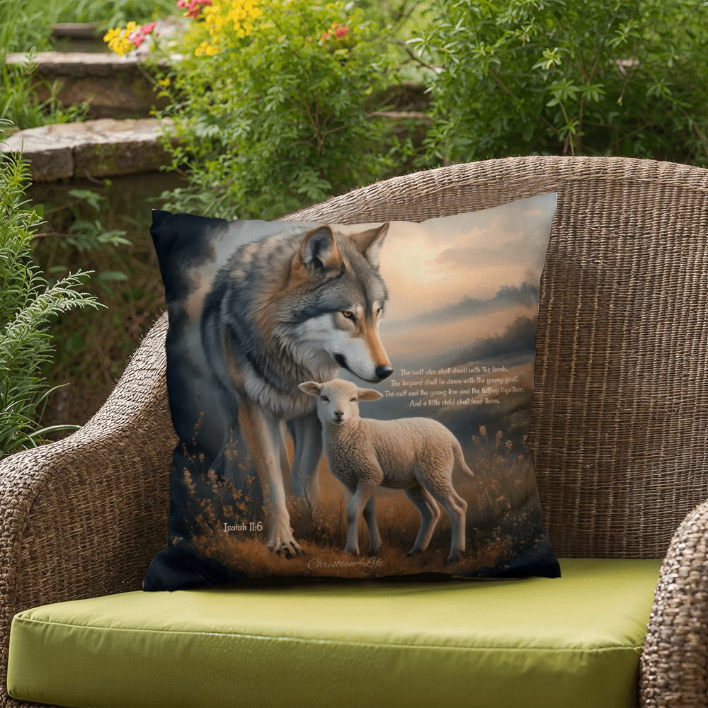 Wolf and Lamb Bible Verse Spun Polyester Square Indoor/Outdoor Pillow
