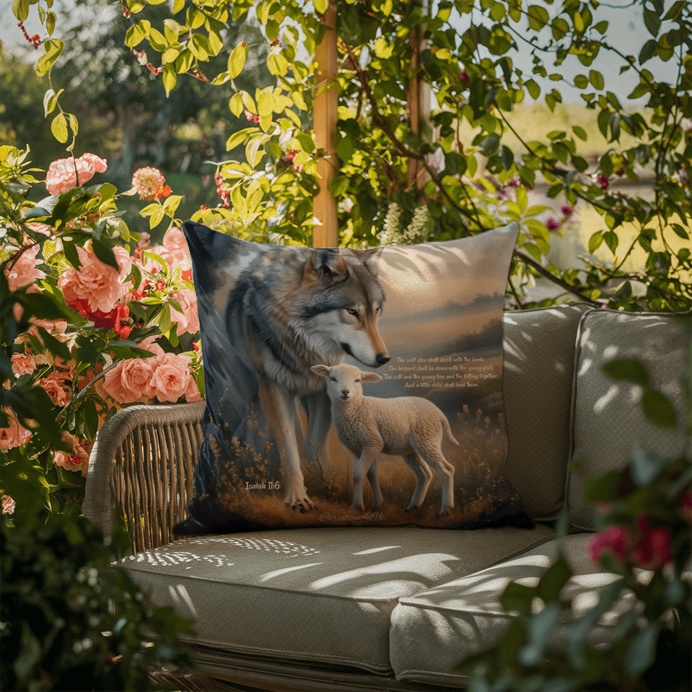 Wolf and Sheep Bible Verse Spun Polyester Square Pillowcase (multiple sizes)