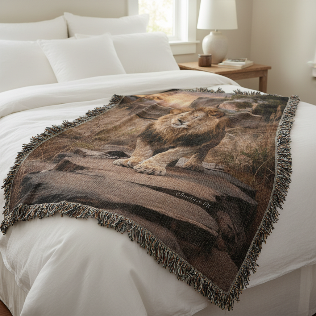 Lion of Judah and Cross Christian Heirloom Woven Blanket, Tapestry Throw Christian Blanket