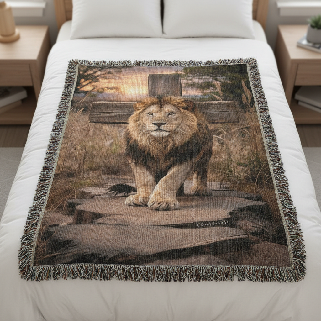 Lion of Judah and Cross Christian Heirloom Woven Blanket, Tapestry Throw Christian Blanket