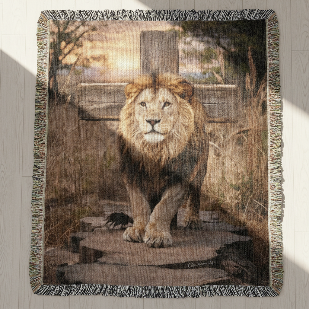 Lion of Judah and Cross Christian Heirloom Woven Blanket, Tapestry Throw Christian Blanket