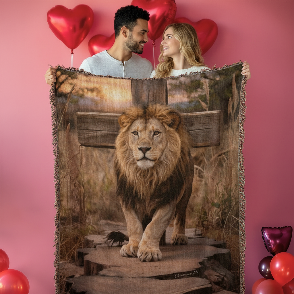 Lion of Judah and Cross Christian Heirloom Woven Blanket, Tapestry Throw Christian Blanket