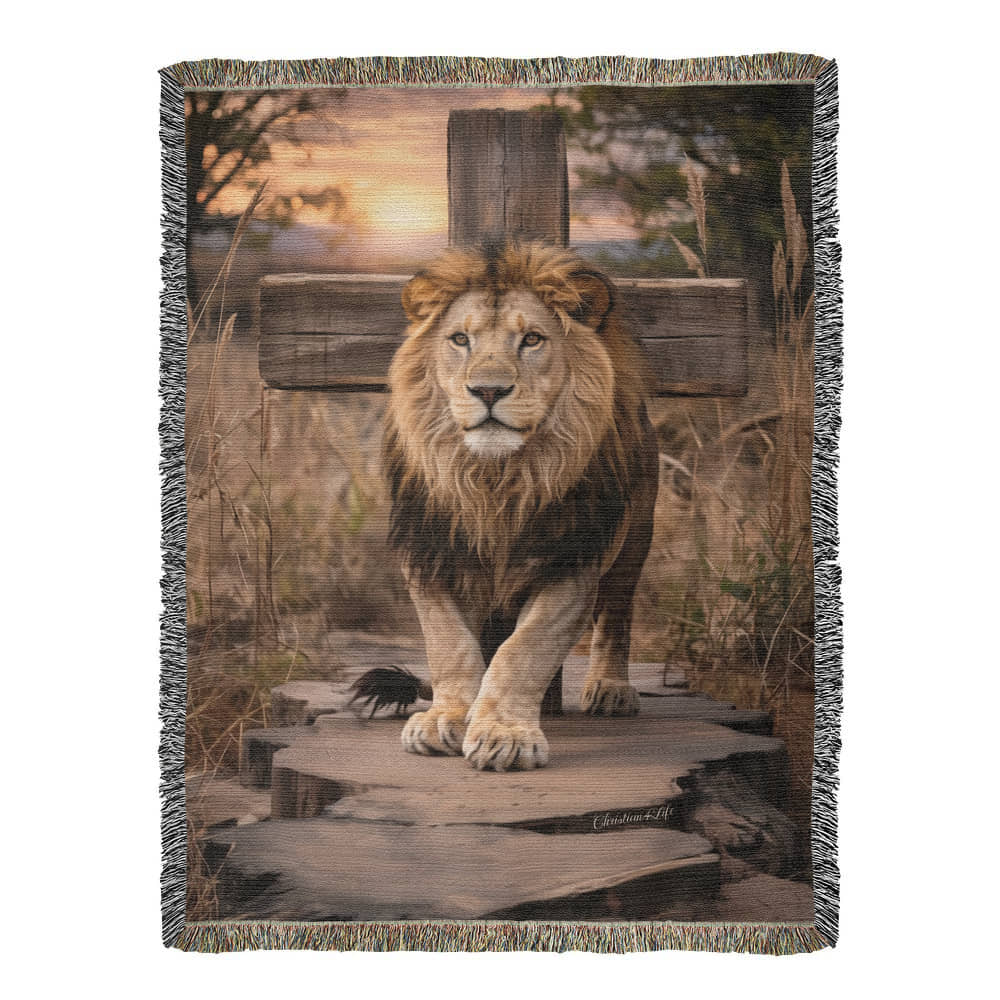 Lion of Judah and Cross Christian Heirloom Woven Blanket, Tapestry Throw Christian Blanket
