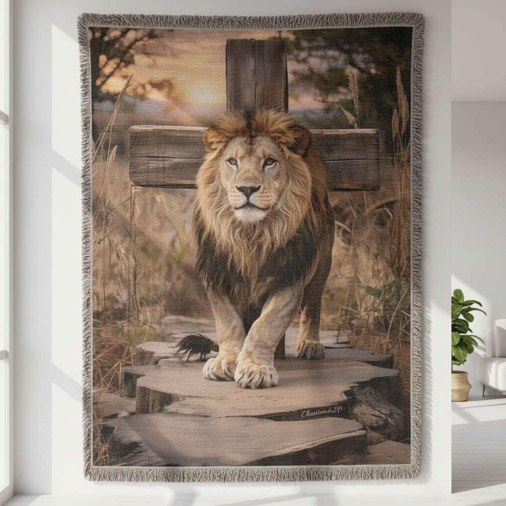 Lion of Judah and Cross Christian Heirloom Woven Blanket, Tapestry Throw Christian Blanket