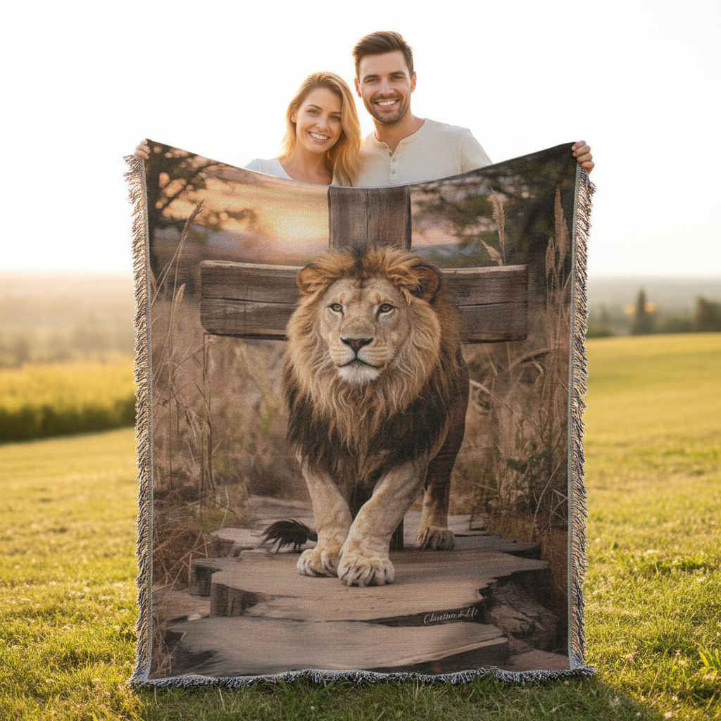 Lion of Judah and Cross Christian Heirloom Woven Blanket, Tapestry Throw Christian Blanket