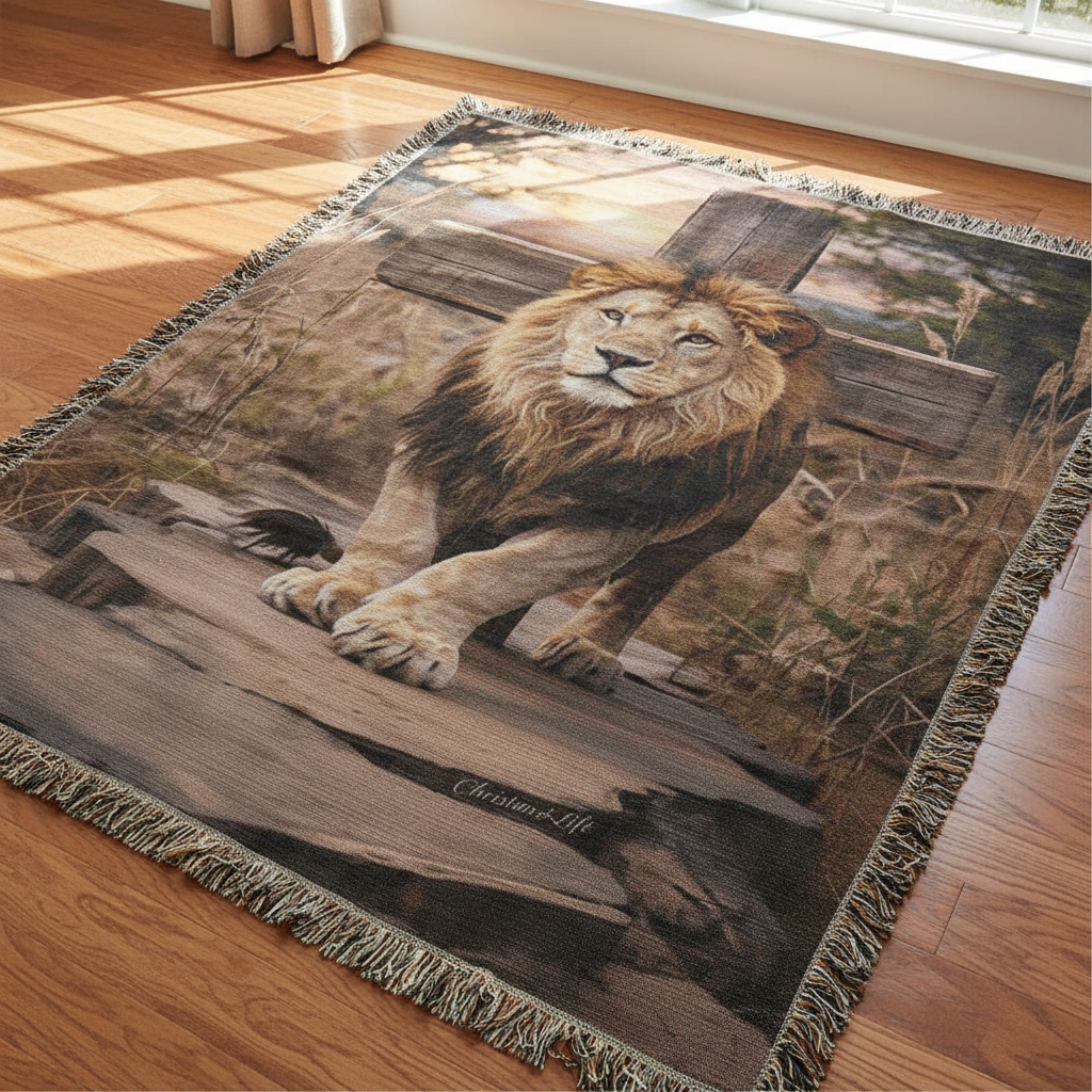 Lion of Judah and Cross Christian Heirloom Woven Blanket, Tapestry Throw Christian Blanket