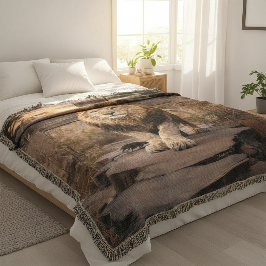 Lion of Judah and Cross Christian Heirloom Woven Blanket, Tapestry Throw Christian Blanket