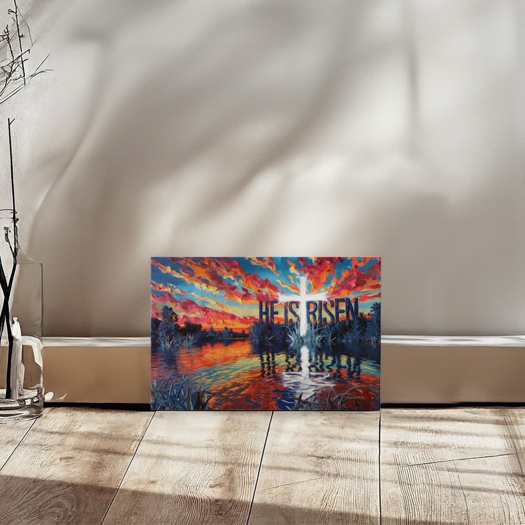 "He Is Risen" - Serene Lake Sunrise Scene with Cross Christian Gallery-Wrapped Canvas