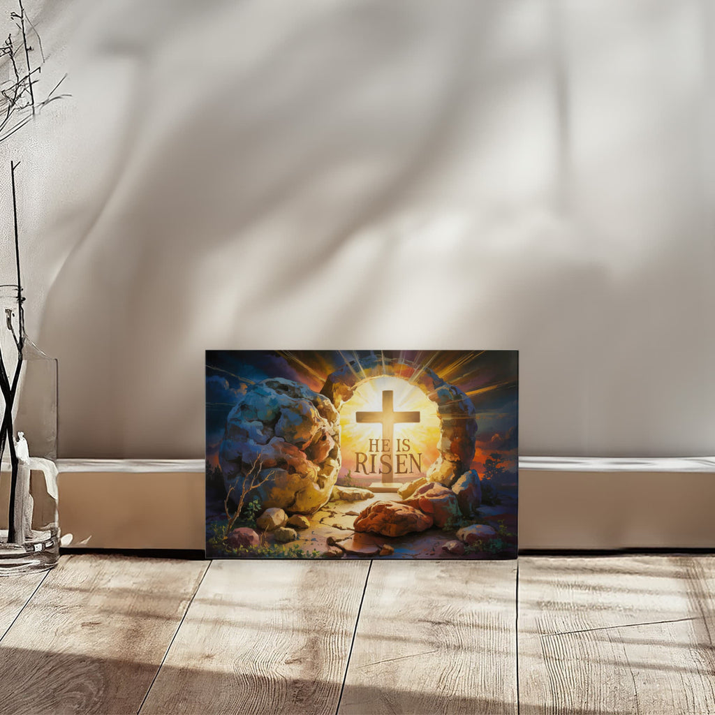 "He is Risen" - Open Tomb and Cross, Christian Gallery Wrapped Canvas, Easter Wall Art Print