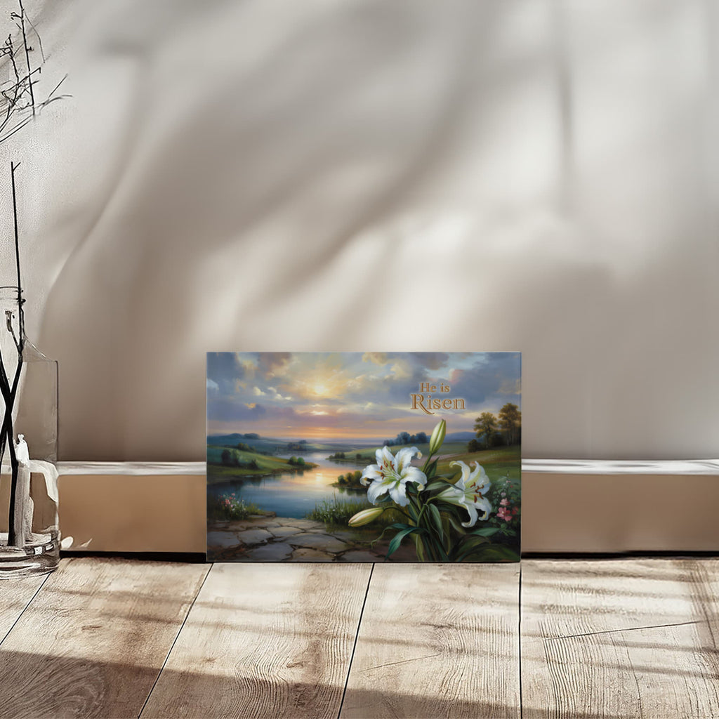 "He is Risen" - A serene sunrise landscape and lilies. Christian Easter wall art, Gallery wrapped Canvas Print