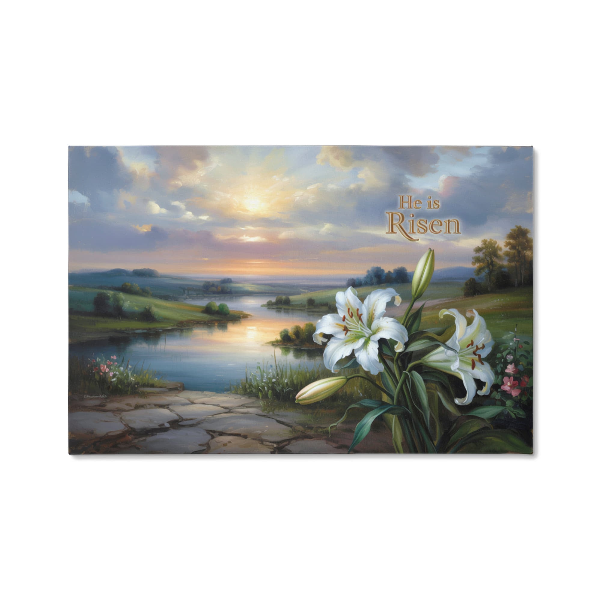"He is Risen" - A serene sunrise landscape and lilies. Christian Easter wall art, Gallery wrapped Canvas Print