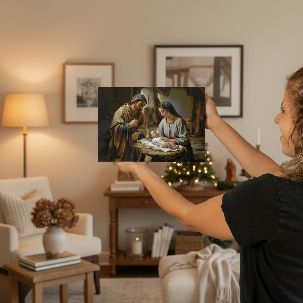 The Nativity scene of Baby Jesus, Mary and Joseph in a stable - Christian Art Canvas