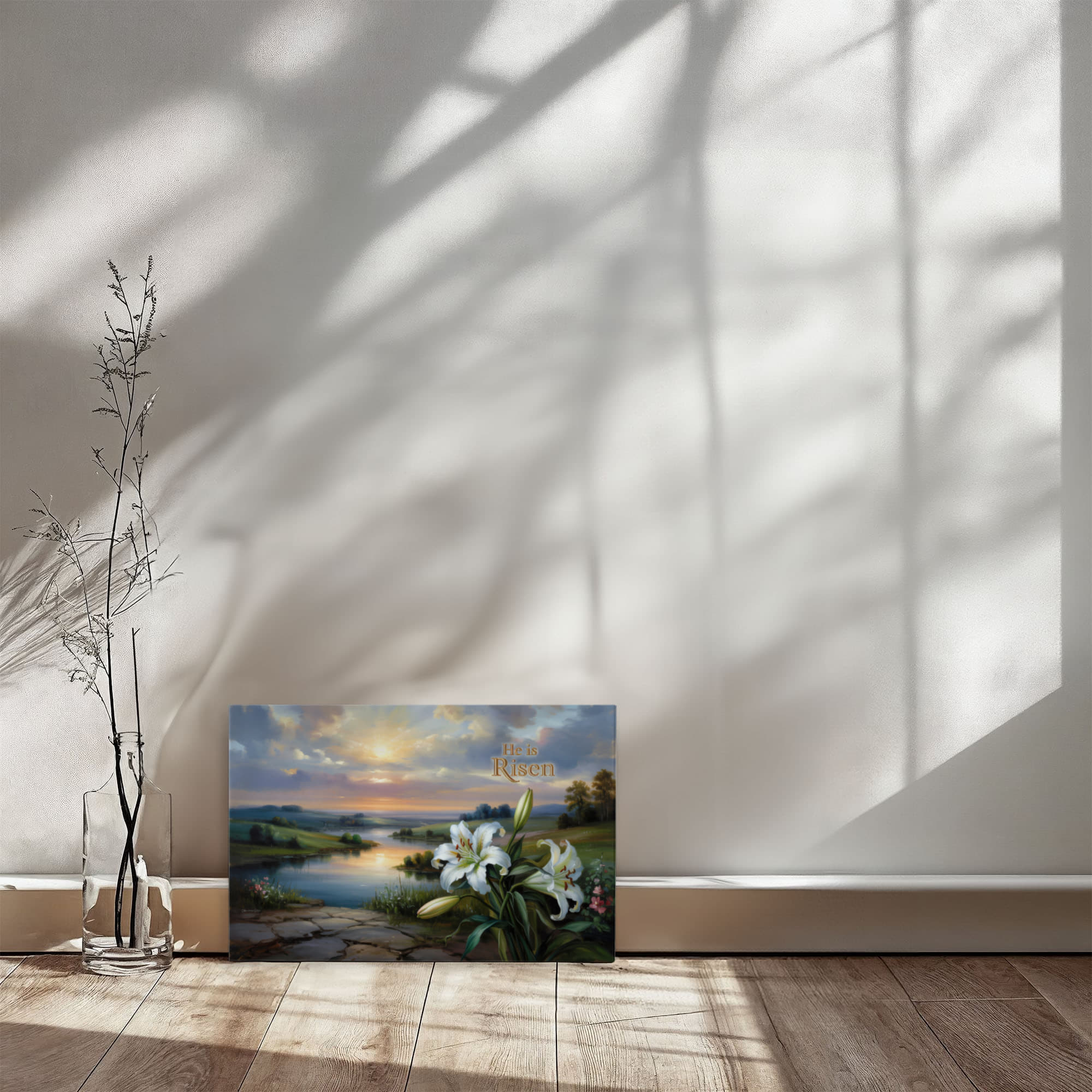 "He is Risen" - A serene sunrise landscape and lilies. Christian Easter wall art, Gallery wrapped Canvas Print