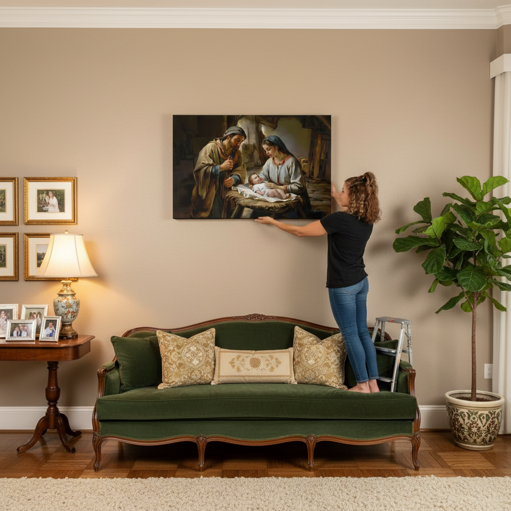 The Nativity scene of Baby Jesus, Mary and Joseph in a stable - Christian Art Canvas