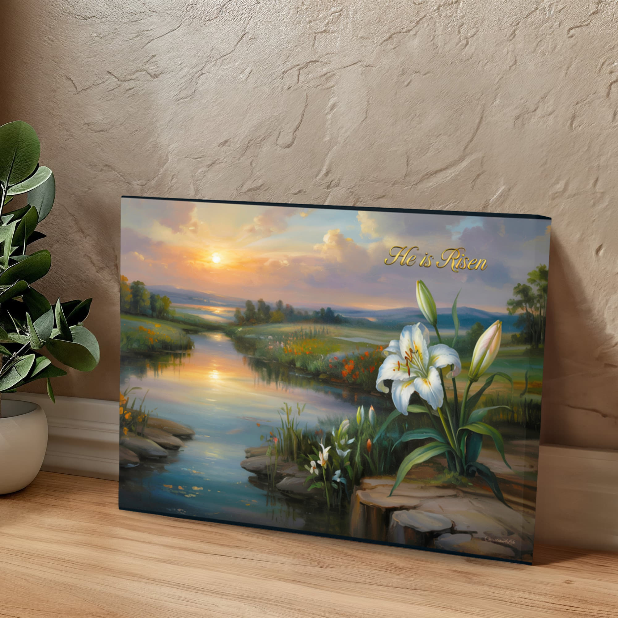 "He is Risen" - A serene sunrise landscape and lilies. Christian Easter wall art, Gallery wrapped Canvas
