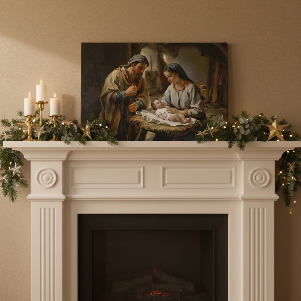 The Nativity scene of Baby Jesus, Mary and Joseph in a stable - Christian Art Canvas
