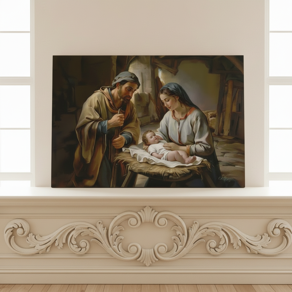 The Nativity scene of Baby Jesus, Mary and Joseph in a stable - Christian Art Canvas
