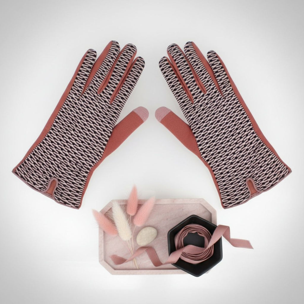 Winter Gloves Pink Mauve Wavy Cross Touchscreen Stylish Fashion Accessory