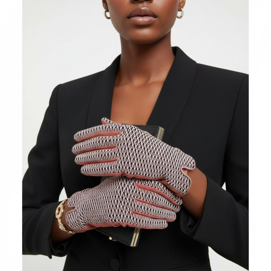 Winter Touchscreen Gloves Pink Mauve Cross Wavy Stylish Casual