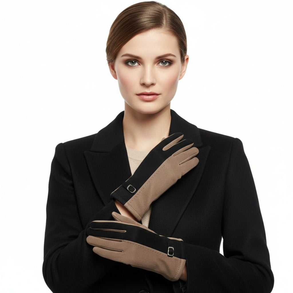 Winter Gloves Faux Suede Touchscreen Black Taupe Stylish Casual