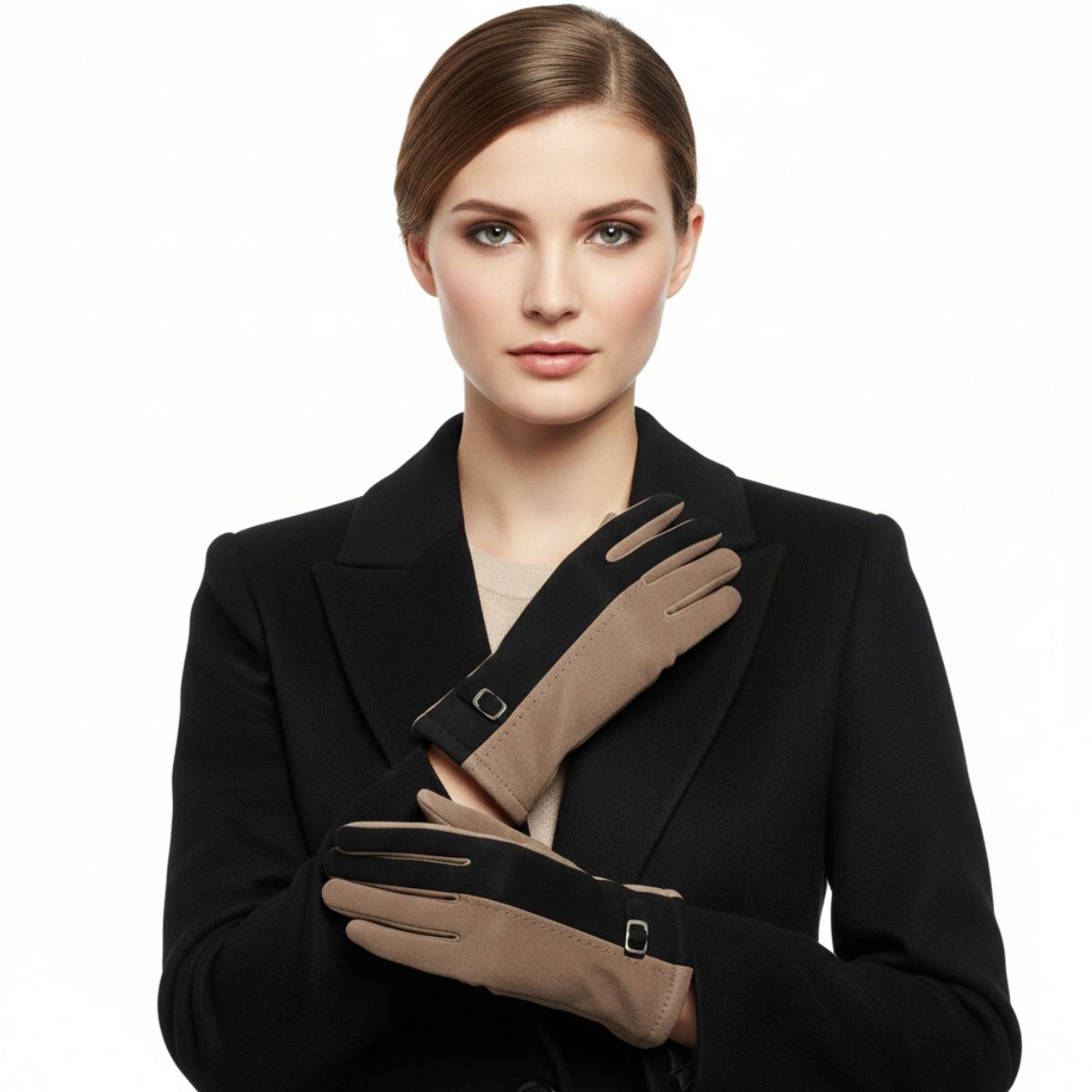 Winter Gloves Faux Suede Touchscreen Black Taupe Stylish Casual