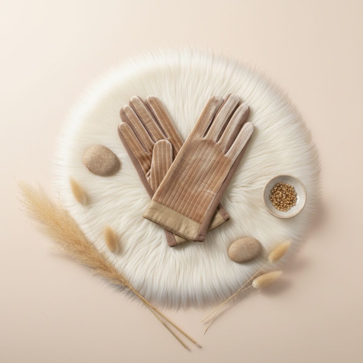 Winter Gloves with Beige Fur Stripe, Leather Touchscreen, Stylish and Chic