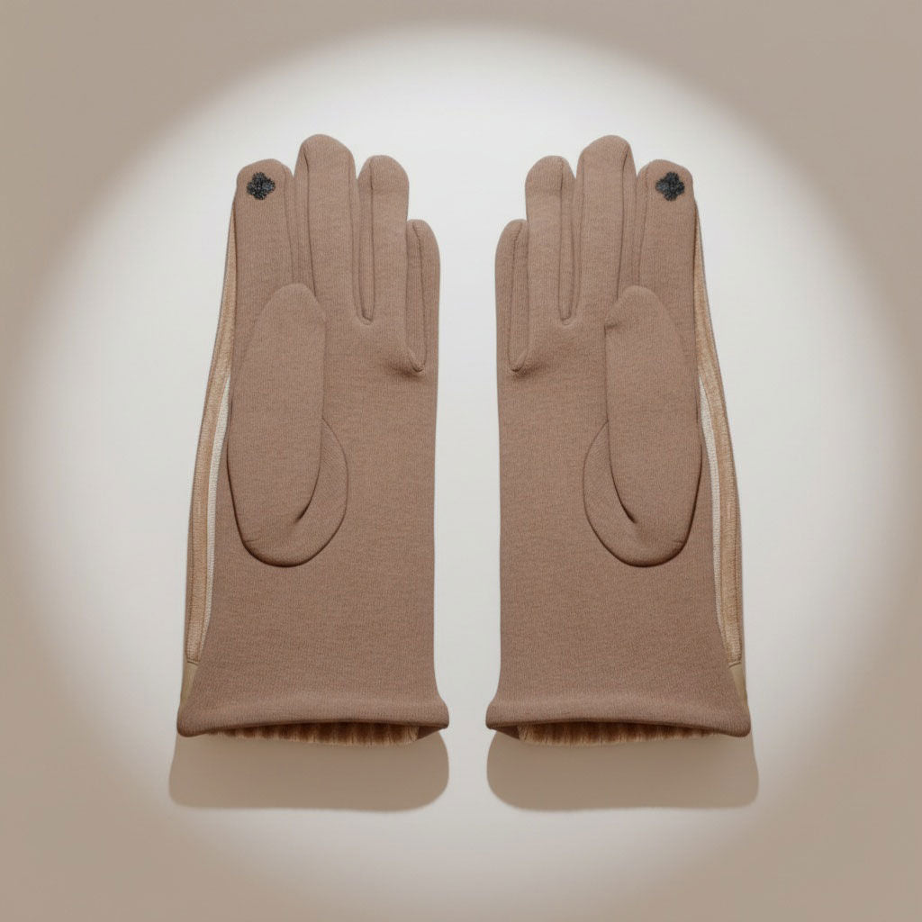 Winter Gloves with Beige Fur Stripe, Leather Touchscreen, Stylish and Chic