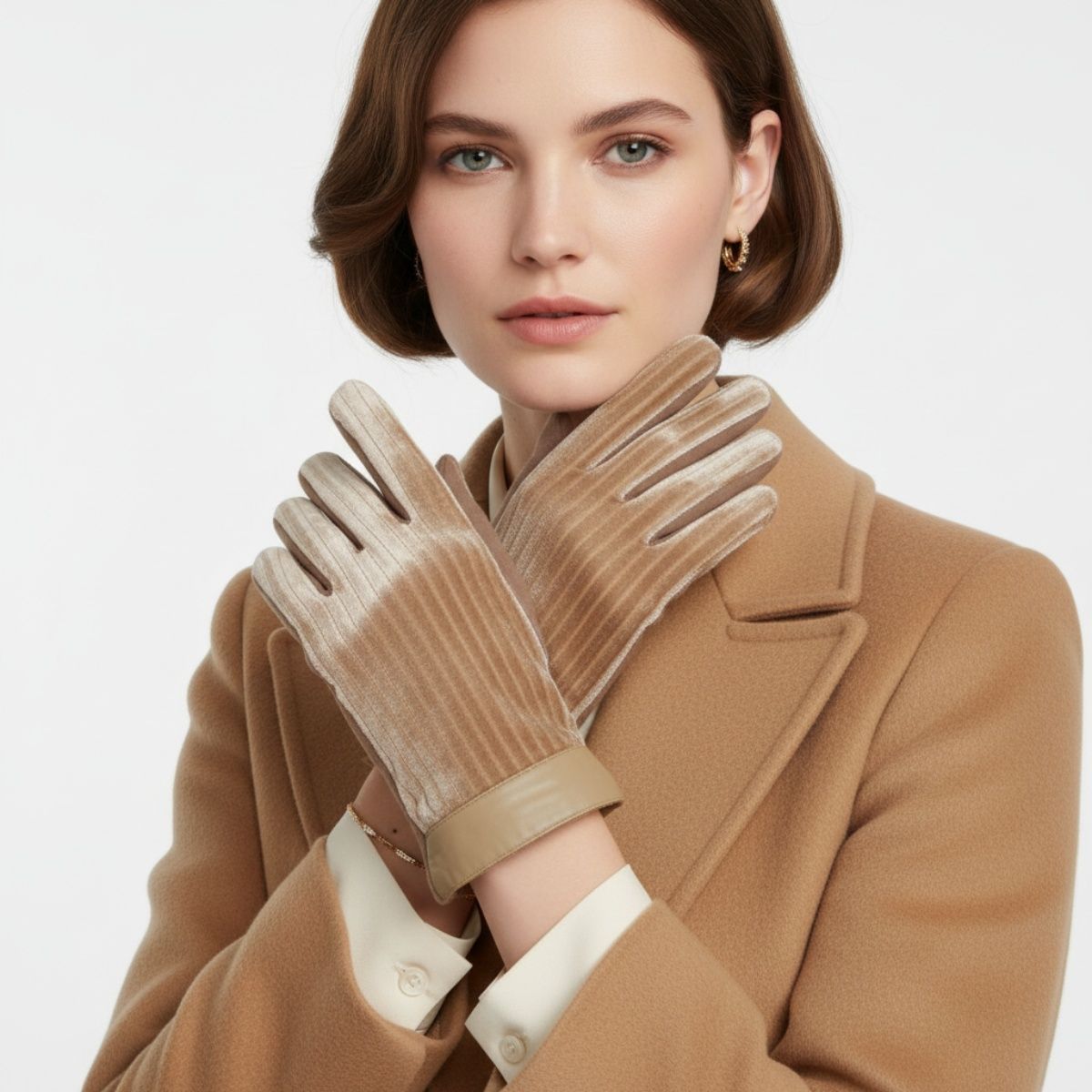 Winter Gloves with Beige Fur Stripe, Leather Touchscreen, Stylish and Chic