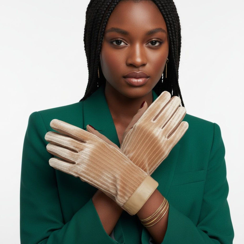 Winter Gloves with Beige Fur Stripe, Leather Touchscreen, Stylish and Chic