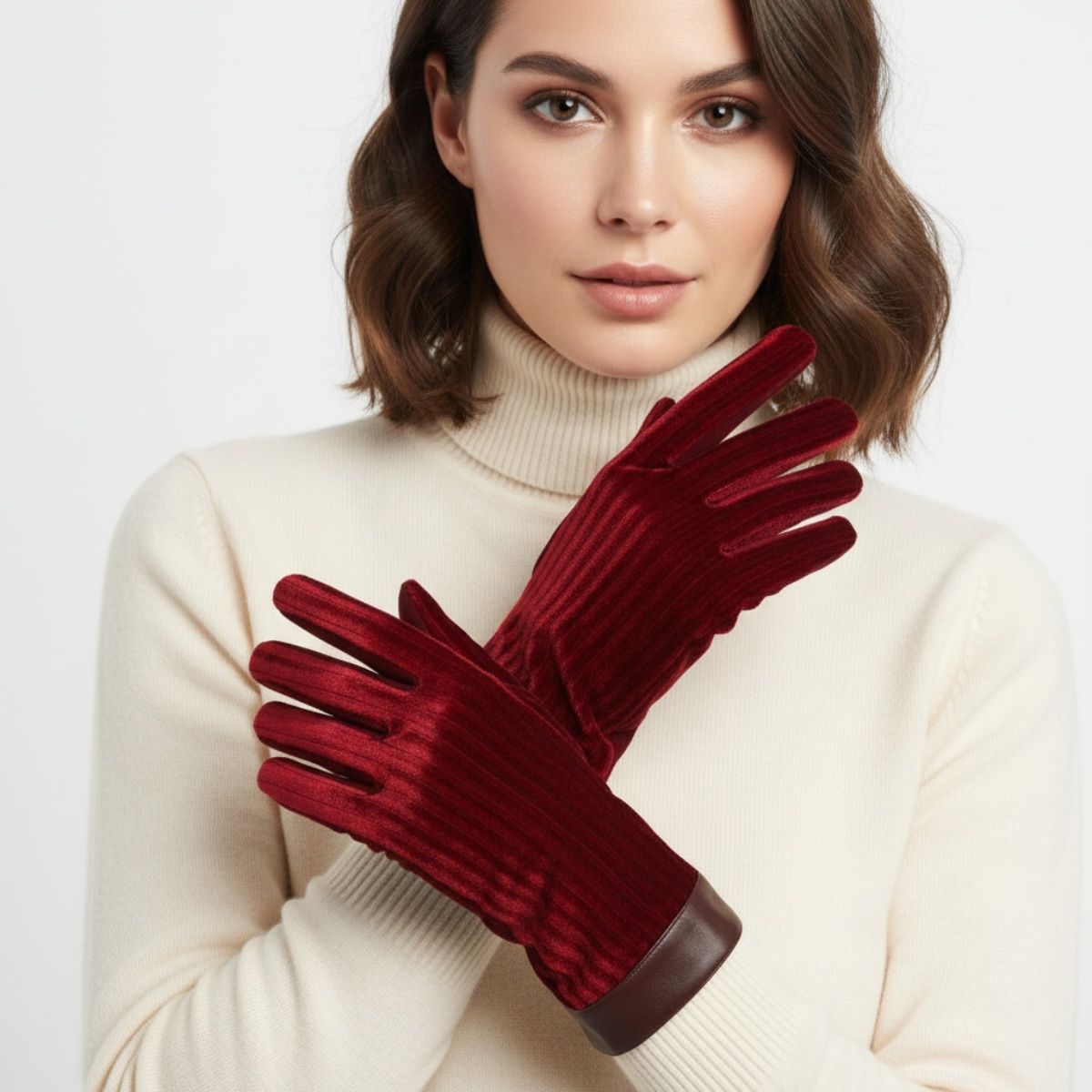 Winter Leather Touchscreen Gloves with Wine Fur Stripe – Stylish Casual Accessory