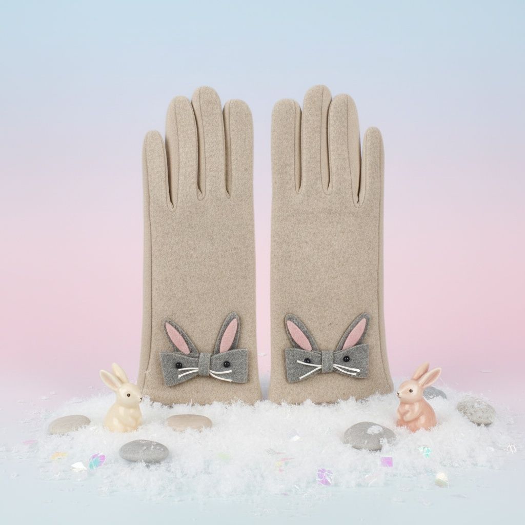 Winter Woolen Touchscreen Gloves Beige with Cute Rabbit Detail, Stylish and Casual