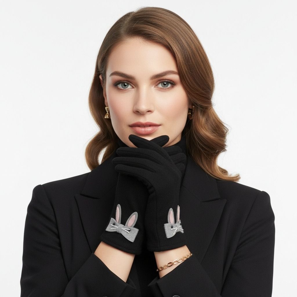 Winter Woolen Touchscreen Gloves with Cute Rabbit Design, Black, Stylish and Trendy