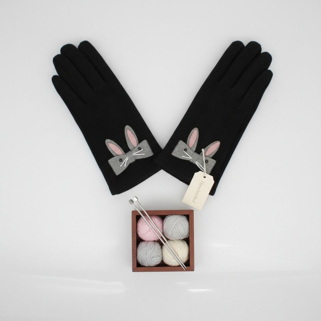 Winter Woolen Touchscreen Gloves with Cute Rabbit Design, Black, Stylish and Trendy