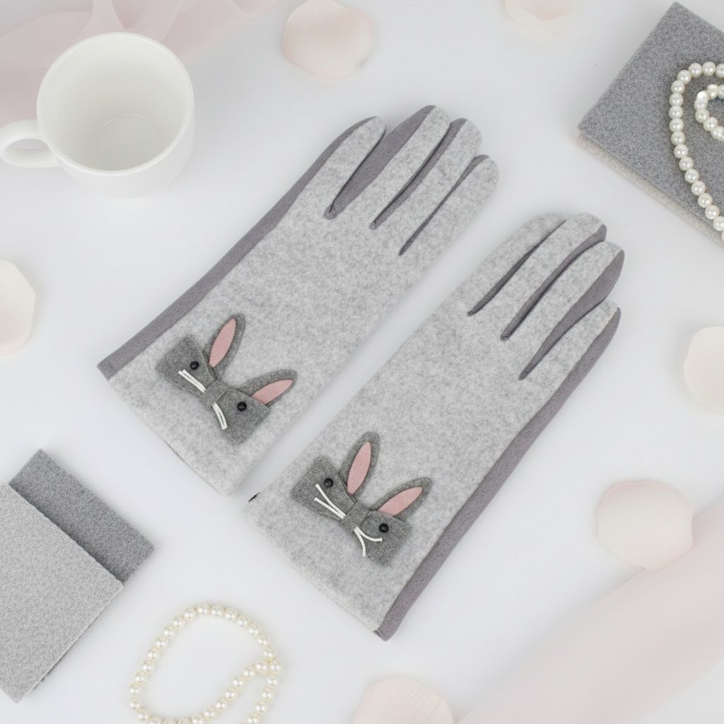 Winter Woolen Touchscreen Gloves Gray with Cute Rabbit Detail Stylish and Casual
