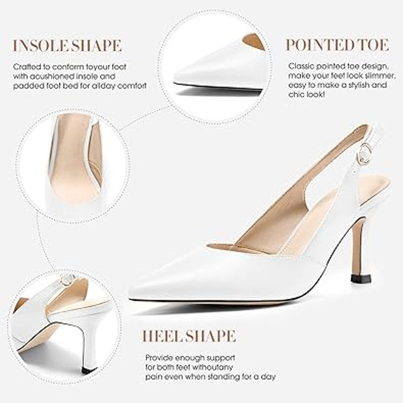 Rilista Womens Size 7 White Faux Leather Pointy Toe Slingback 3.5" Heels Shoes