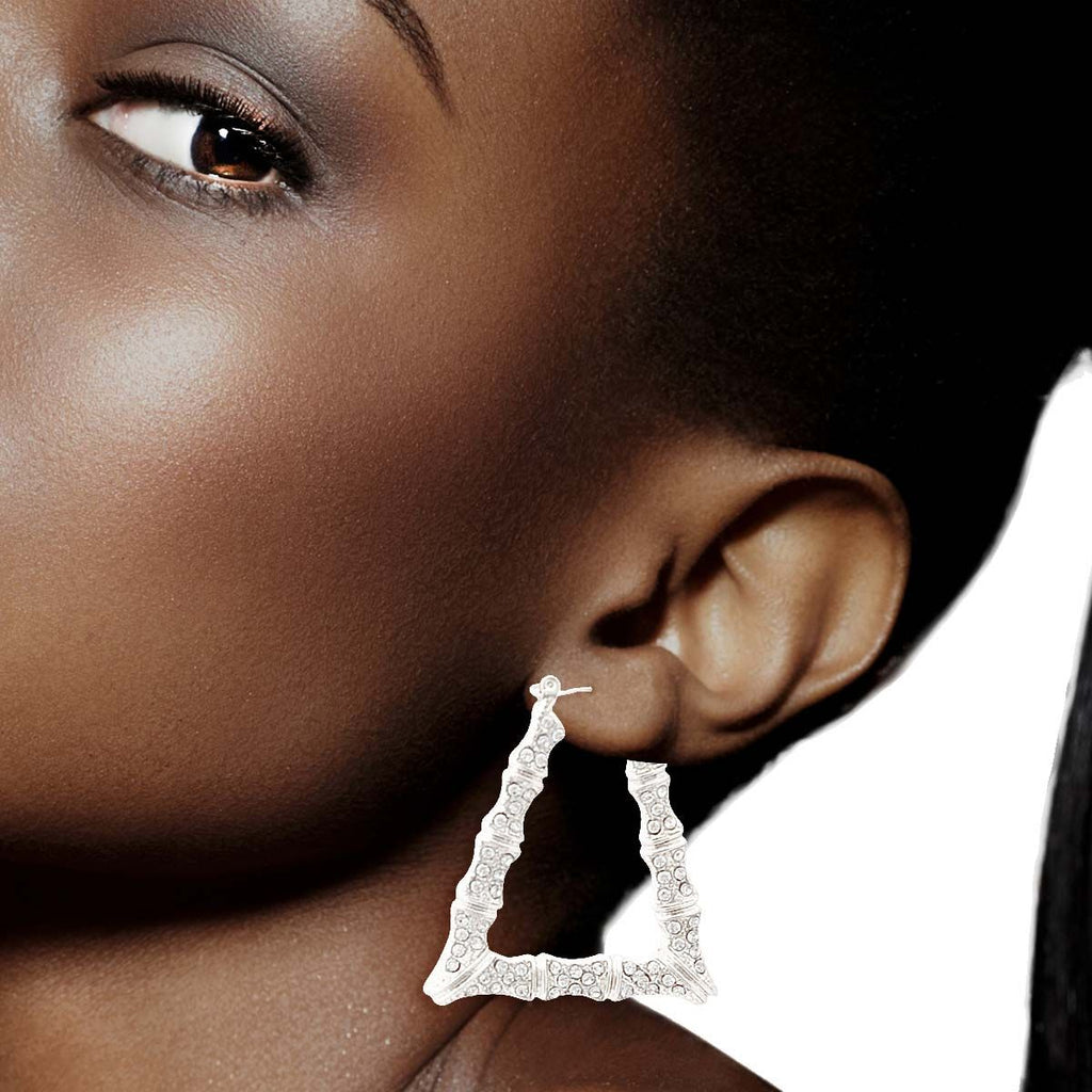 Trendy Silver Bamboo Hoops Earrings with Bling Trapezoid Design